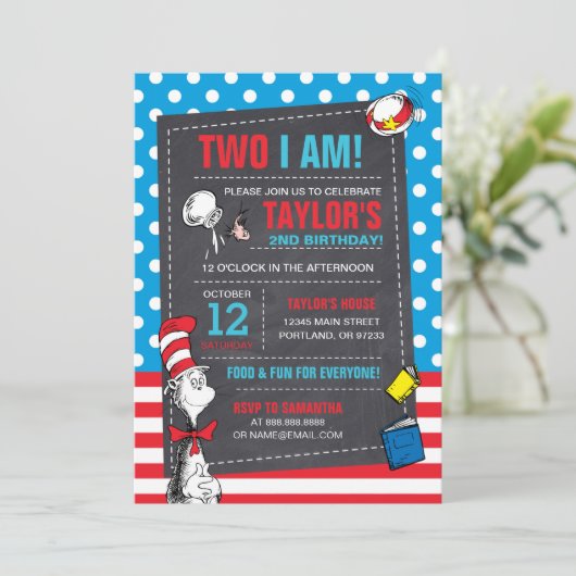 私は2人 |帽子の黒板誕生日の猫 招待状 (スタンド正面)