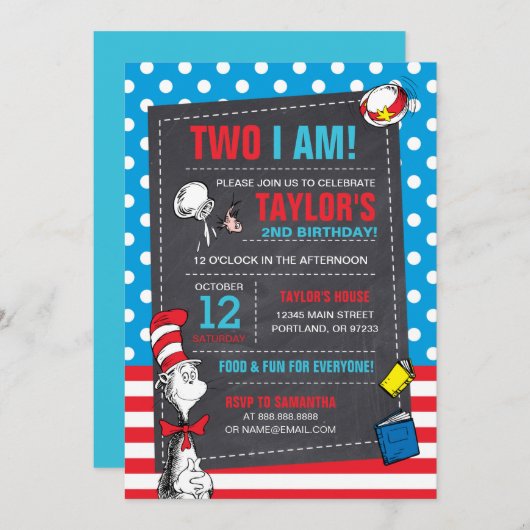 私は2人 |帽子の黒板誕生日の猫 招待状 (正面/裏面)