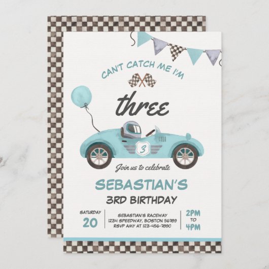 私は3つのレースカーの3番目の誕生日である私をキャッチできない 招待状 (正面/裏面)