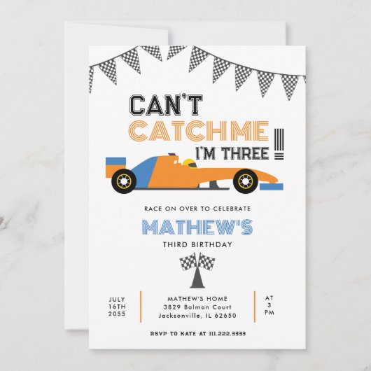 私は3つのレースカーの3番目の誕生日である私をキャッチできない 招待状 (正面)