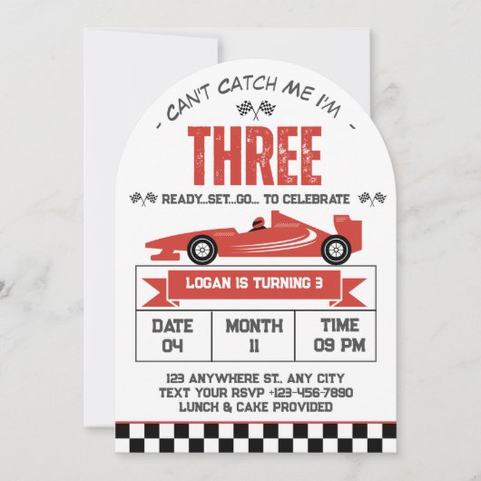 私は3つのレースカーの3番目の誕生日である私をキャッチできない 招待状 (正面)
