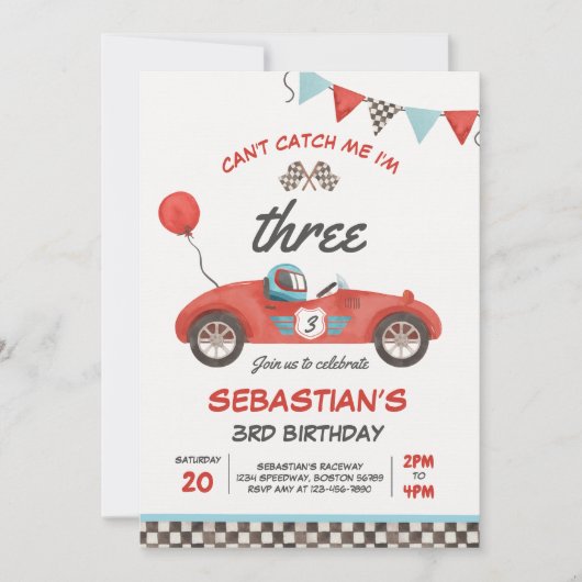 私は3つのレースカーの3番目の誕生日である私をキャッチできない 招待状 (正面)