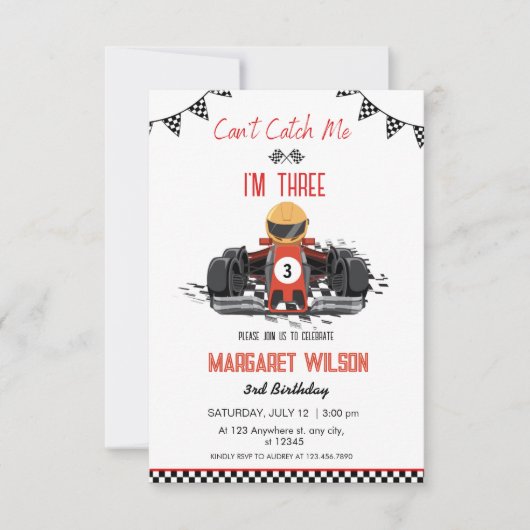 私は3つの赤いレースカー3rdの誕生日である私をキャッチできない 招待状 (正面)