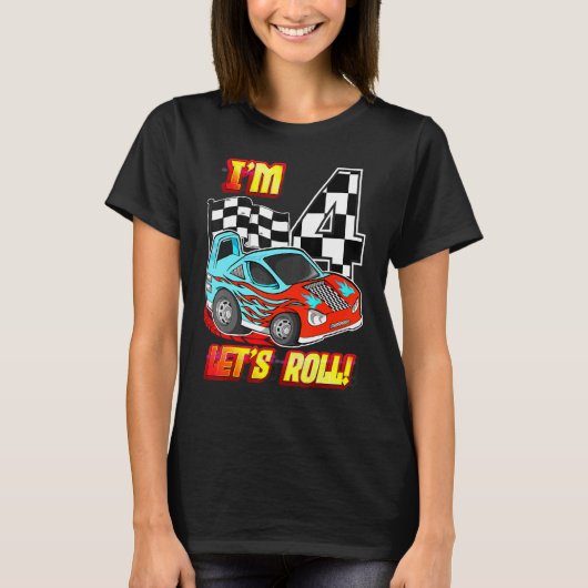 私は4レースカー転がー4thバースデーボーイズ子供4 tシャツ (正面)