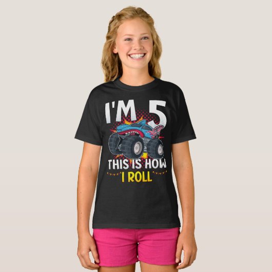 私は5私はモンスタートラック転がックガール Tシャツ (正面フル)