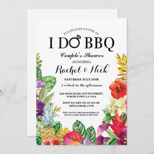 私はBBQのカップルのシャワーのかわいらしいアロハ花の招待をします 招待状 (正面/裏面)
