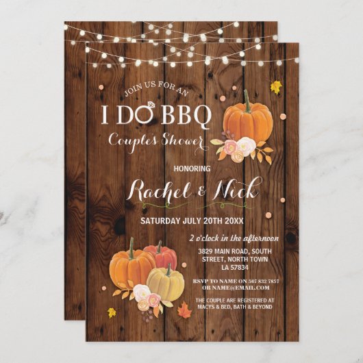 私はBBQのカップルのシャワーの木製のカボチャ招待をします 招待状 (正面/裏面)
