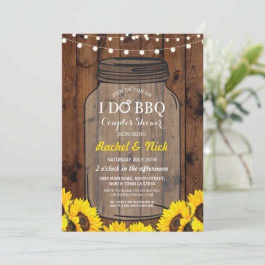 私はBBQのカップルのシャワーの瓶の木製のヒマワリの招待をします 招待状 (スタンド正面)