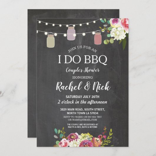 私はBBQのカップルのシャワーの瓶ライトチョークの花柄をします 招待状 (正面/裏面)