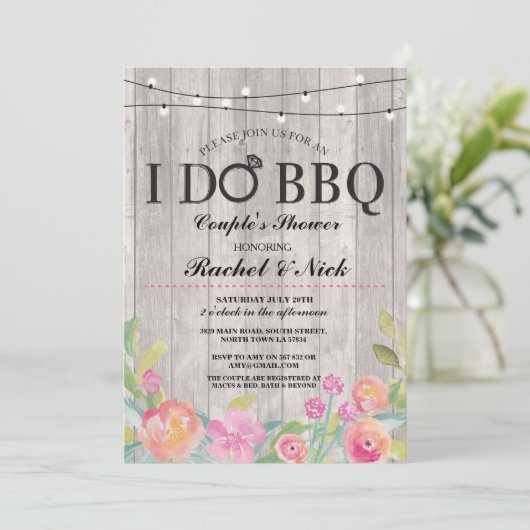 私はBBQのカップルのシャワーライト木製の花の招待をします 招待状 (スタンド正面)