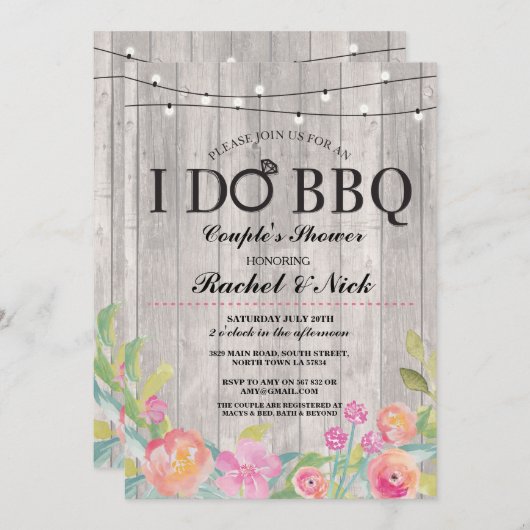 私はBBQのカップルのシャワーライト木製の花の招待をします 招待状 (正面/裏面)