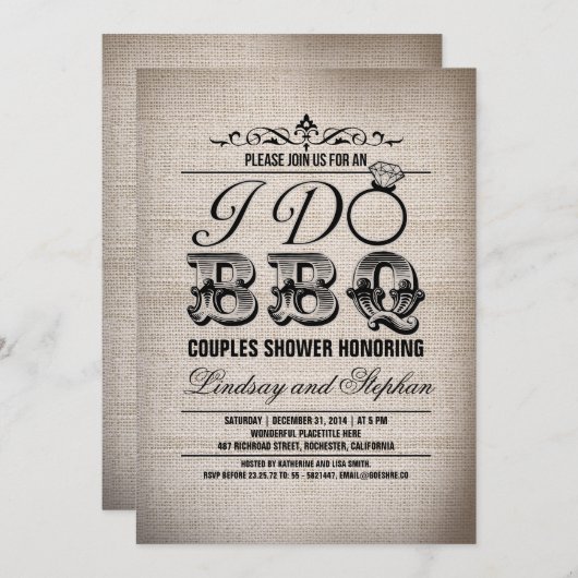 私はBBQのバーラップカップルシャワーの招待をします 招待状 (正面/裏面)