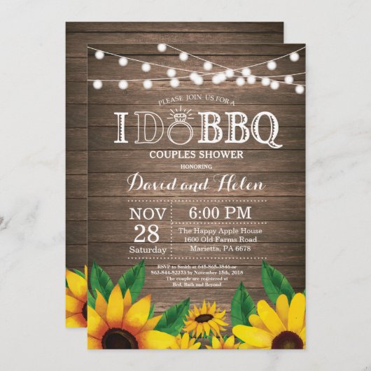 私はBBQのヒマワリのカップルのシャワーの素朴な招待をします 招待状 (正面/裏面)