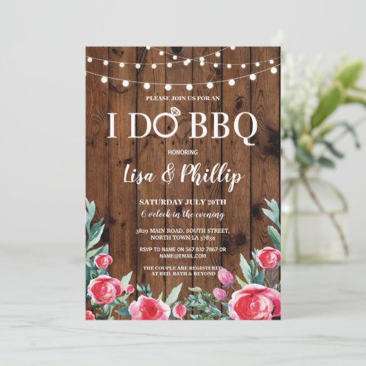 私はBBQの婚約パーティの花の木製のリングの招待をします 招待状 (スタンド正面)