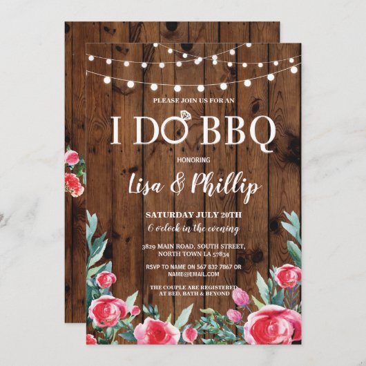 私はBBQの婚約パーティの花の木製のリングの招待をします 招待状 (正面/裏面)