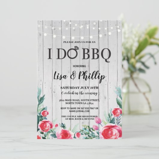 私はBBQの婚約パーティの花の木製のリングの招待をします 招待状 (スタンド正面)