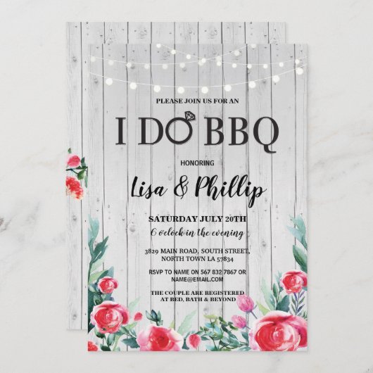 私はBBQの婚約パーティの花の木製のリングの招待をします 招待状 (正面/裏面)
