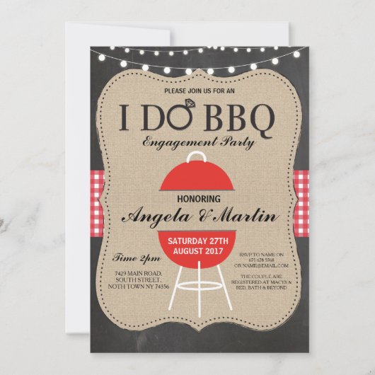 私はBBQの婚約パーティの赤いチョークのシャワーの招待をします 招待状 (正面)