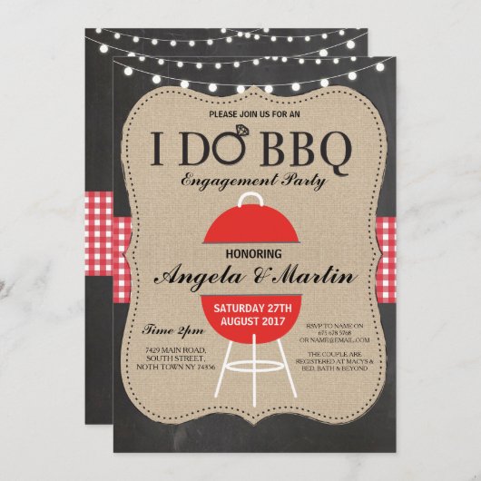 私はBBQの婚約パーティの赤いチョークのシャワーの招待をします 招待状 (正面/裏面)