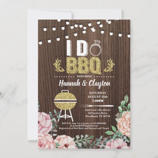 私はBBQの招待をします。 婚約パーティの素朴な金ゴールド 招待状 (正面)