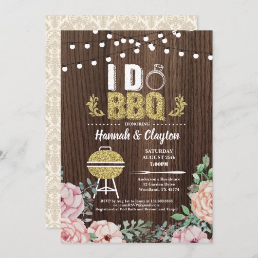 私はBBQの招待をします。 婚約パーティの素朴な金ゴールド 招待状 (正面/裏面)