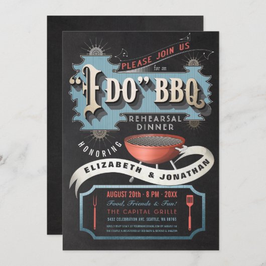 私はBBQの招待状|のリハーサルの夕食の黒をします 招待状 (正面/裏面)
