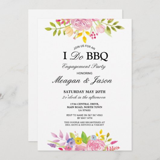 私はBBQの花のピンクのかわいらしい婚約の招待状をします 招待状 (正面/裏面)