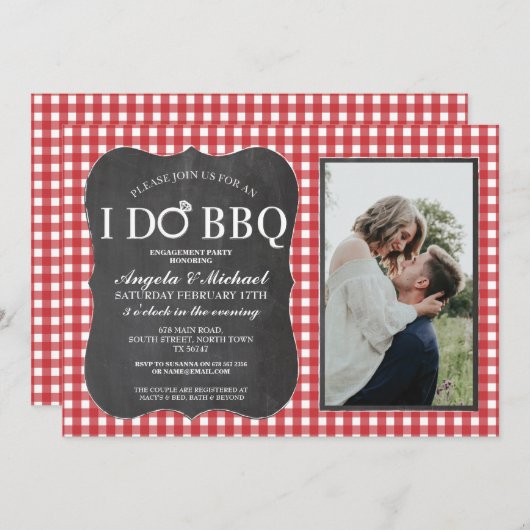 私はBBQの赤い婚約のカップルのシャワーの写真をします 招待状 (正面/裏面)