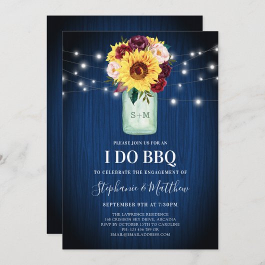 私はBBQひまわりメイソンのジャールブルーウッドライトをする 招待状 (正面/裏面)