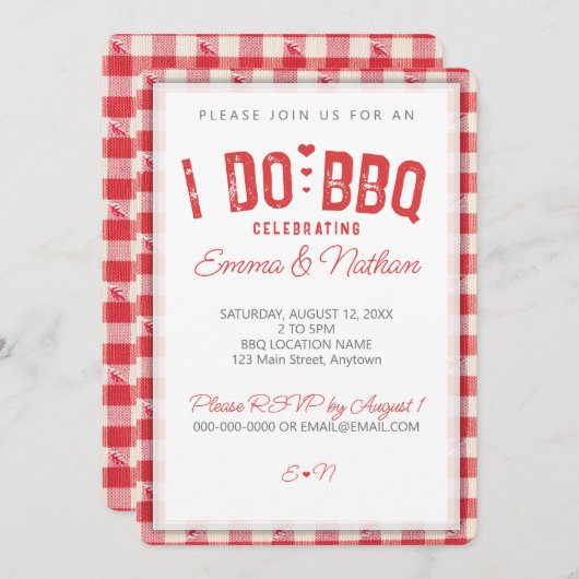 私はBBQカジュアルウェディングシャワーレッドジンガムハート 招待状 (正面/裏面)