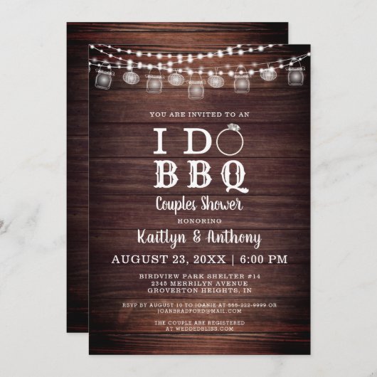 私はBBQカップルはシャワーウッドメイソンジャールライトをする 招待状 (正面/裏面)