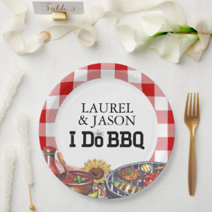 私はBBQカップル素朴シャワーパーティーギンガムを行う ペーパープレート