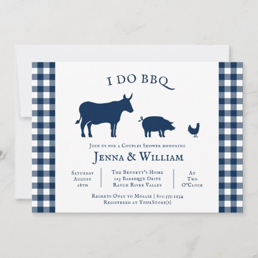 私はBBQファームハウスネイビーブループレイドカップルのシャワーを行う 招待状 (正面)