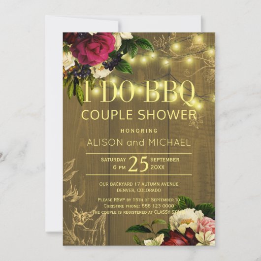 私はbbq金ゴールド照明バーンウッドフローラカップルのシャワーをする 招待状 (正面)