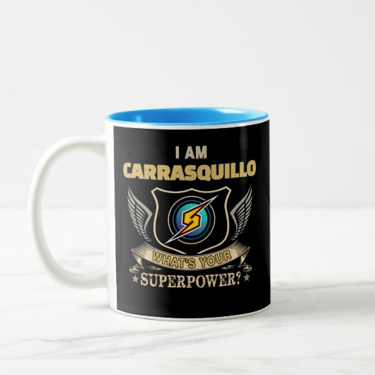 私はCARRASQUILLO 私のスーパーパワーって何? ツートーンマグカップ (左)