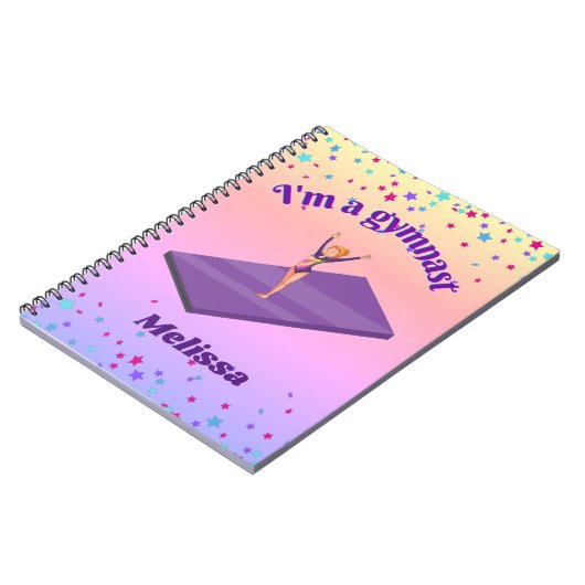 私はGymnastである – 女の子と紫のジムのマットにレオタード ノートブック (左側)