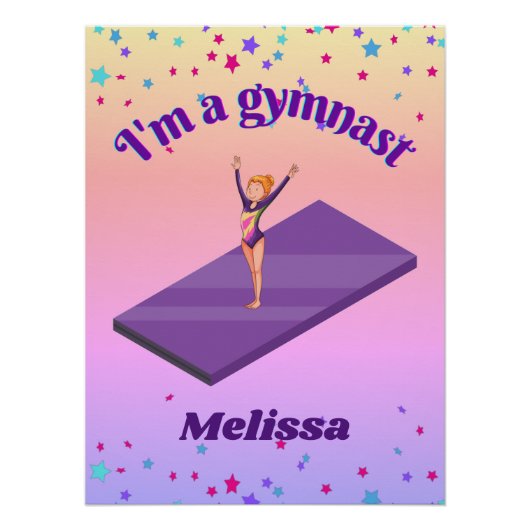 私はGymnastである – 女の子と紫のジムのマットにレオタード ポスター (正面)