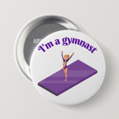 私はGymnastである – 女の子と紫のジムのマットにレオタード 缶バッジ (正面&裏面)