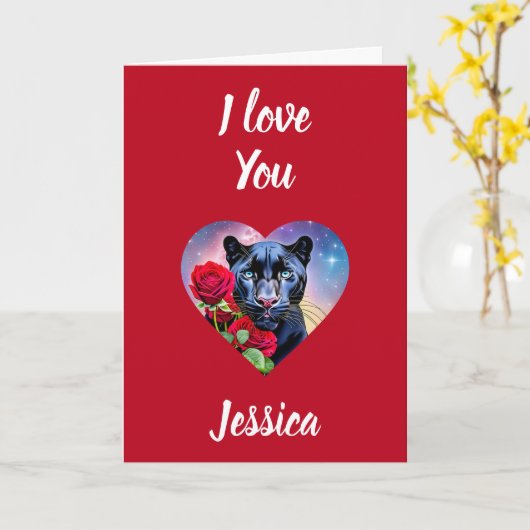 私はPantherとRed Rosesとパーソナライズされたお名前を愛している カード (黄色い花)