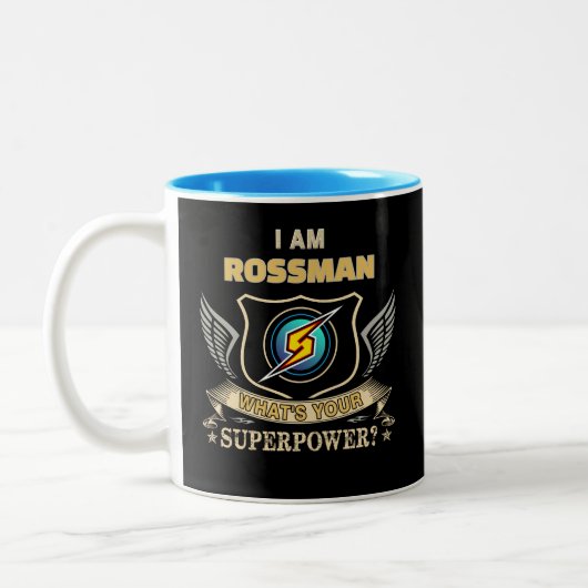 私はROSSMANです 私のスーパーパワーは何ですか ツートーンマグカップ (左)