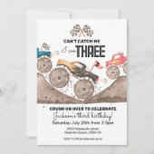 私をキャッチできない3つ – モンスタートラック3番目の誕生日 招待状 (正面)