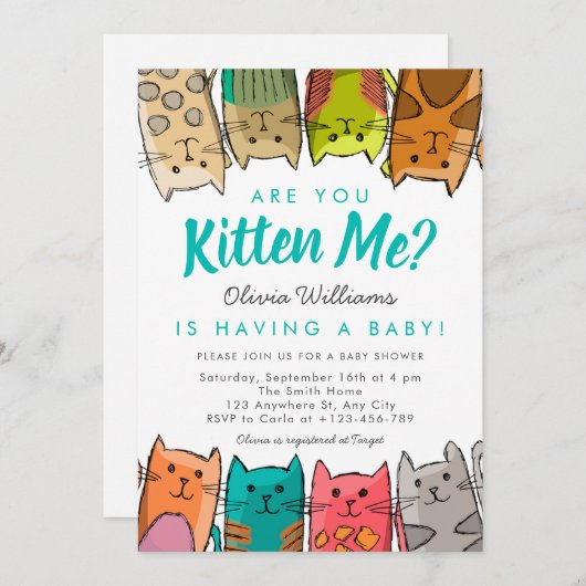 私を引っ掛けてくれるの?Kitty Cats Neutralベビーシャワー 招待状 (正面/裏面)
