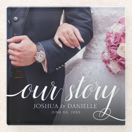 私エレガントたちのストーリー結婚写真の手書き ガラスコースター (正面)