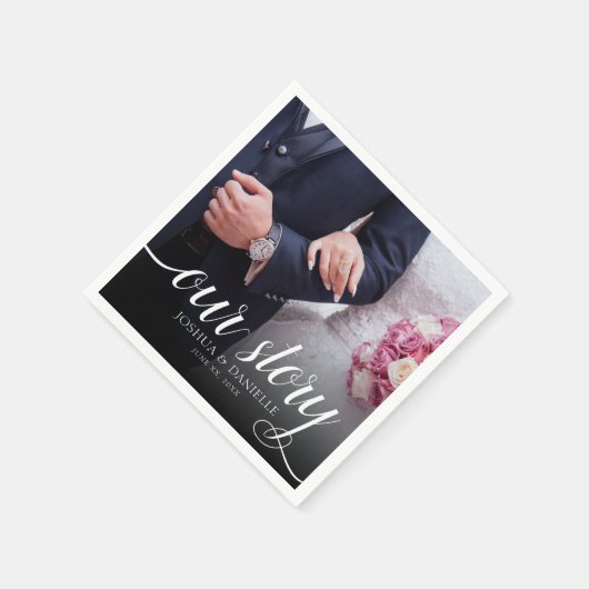 私エレガントたちのストーリー結婚写真の手書き スタンダードカクテルナプキン (角)