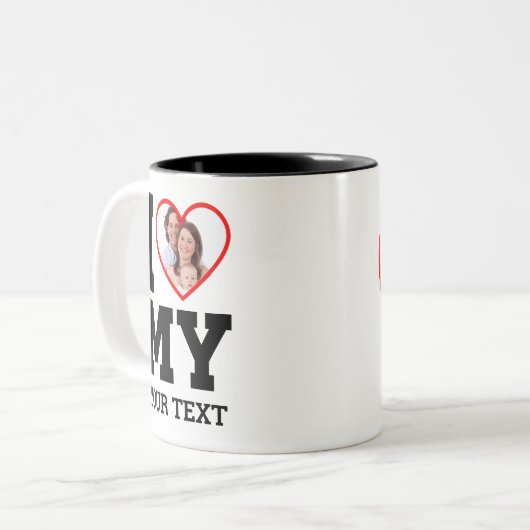 私カスタムは私の家族の写真文字を愛する ツートーンマグカップ (正面左)