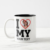 私カスタムは私の家族の写真文字を愛する ツートーンマグカップ (左)