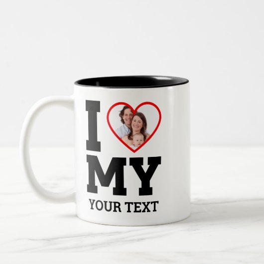 私カスタムは私の家族の写真文字を愛する ツートーンマグカップ (左)