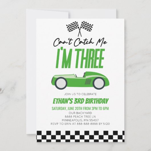 私グリーンレースカー3rd誕生日パーティーをキャッチできない 招待状 (正面)