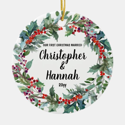 私パーソナライズされたたちの初めてのクリスマス結婚したは両面 セラミックオーナメント (正面)