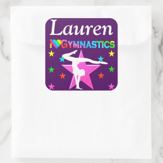 私パーソナライズされたは体操パープルステッカーが大好き スクエアシール (バッグ)